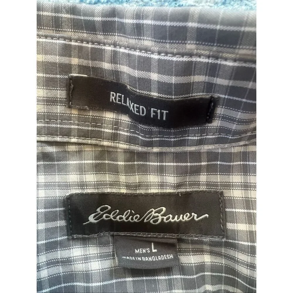 Eddie Bauer Gray Cream Plaid Relaxed Fit Button Down Shirt Men's Large